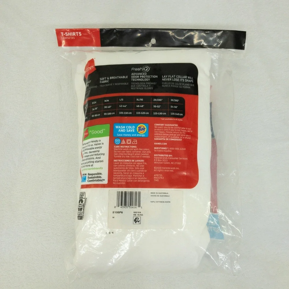 Hanes Tagless T-Shirt Mens Medium White 6-Pack Cotton Crewneck Undershirts Value